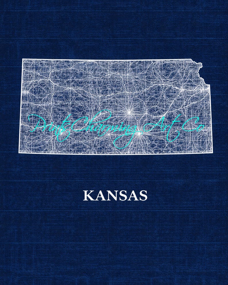 Kansas Blueprint Map Print | Kansas Wall Art | Kansas State Poster ...