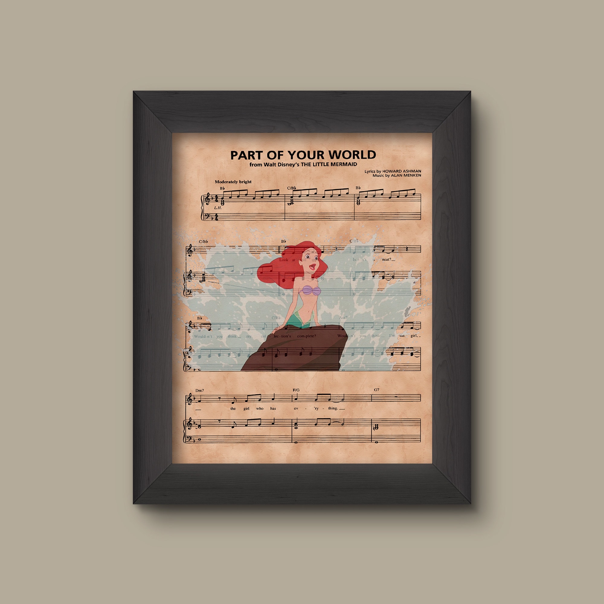 Disney Little Mermaid, Ariel Sheet Music Art Print, Little Mermaid