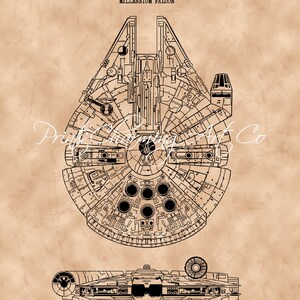 May include: A black and white line drawing of the Millennium Falcon spaceship from the Star Wars franchise. The drawing is a technical blueprint style illustration of the spaceship. The text "U.S. Patent MILLENNIUM FALCON Des. 228,688" is at the top of the image. The text "Apr. 19, 1979" is at the top left of the image.