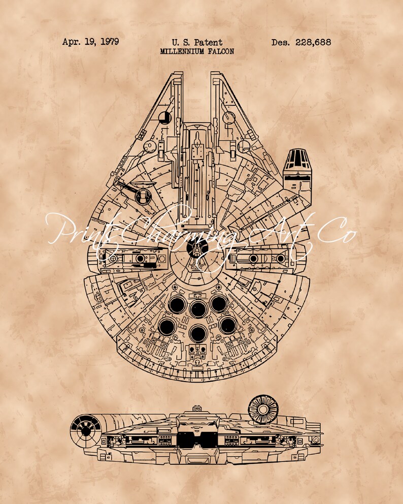 May include: A black and white line drawing of the Millennium Falcon spaceship from the Star Wars franchise. The drawing is a technical blueprint style illustration of the spaceship. The text "U.S. Patent MILLENNIUM FALCON Des. 228,688" is at the top of the image. The text "Apr. 19, 1979" is at the top left of the image.