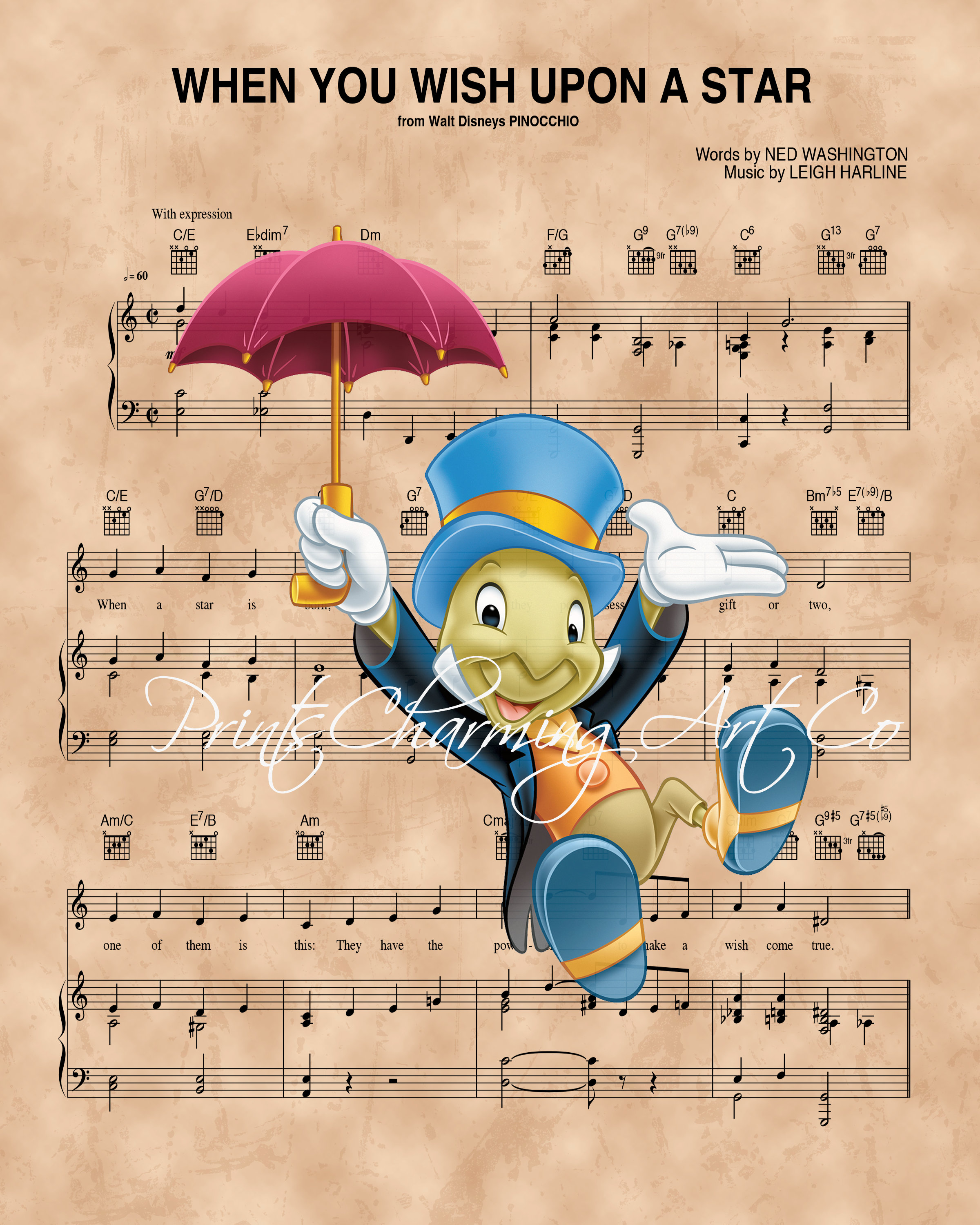 Jiminy Cricket Umbrella When You Wish Upon A Star Sheet Music Art