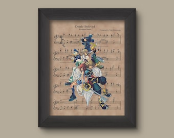 May include: A vintage-style sheet music print featuring the characters from the Kingdom Hearts video game series. The music is for the song "Dearly Beloved" and is composed by Yoko Shimomura. The characters are Sora, Riku, Kairi, Donald Duck, Goofy, and Mickey Mouse.