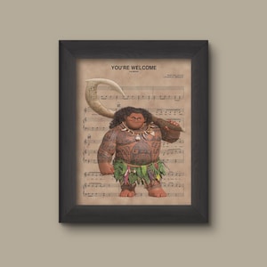 Disney Moana Maui You&#39;re Welcome Sheet Music Art Print Gift, Disney Wedding Gift, Wall Decor, Sheet Music Art Print