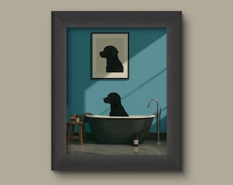 Minimalist Black Labrador Bathroom Art Print – Funny Dog in Bathtub Wall Decor