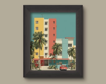 Miami Art Deco Building Print | Colorful South Beach Architecture Wall Art | Retro Palm Tree Scene with Classic Car | Tropical Cityscape