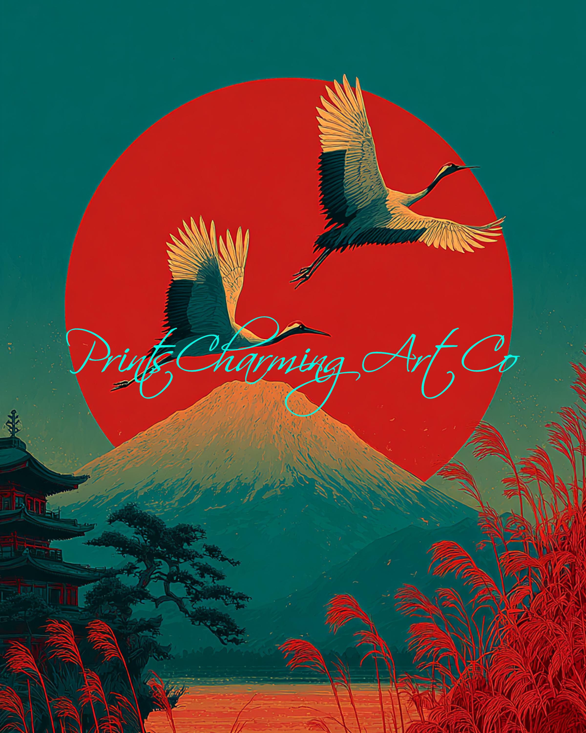Japanese Crane Wall Art – Mount Fuji and Red Sun Print – Traditional ...