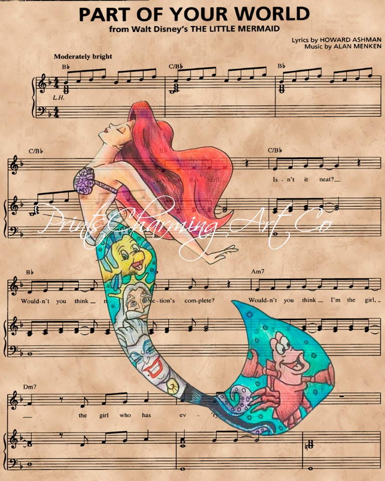 Disney Little Mermaid, Ariel Sheet Music Art Print, The Little Mermaid Gift, Little Mermaid Art, Part of Your World Sheet Music Art Print image 2