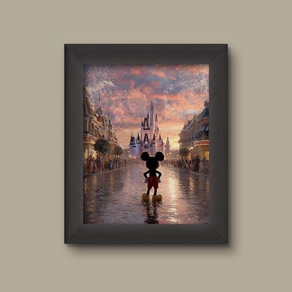 Disney Mickey Mouse Castle Fireworks Print Poster| Disney-Inspired Magic Kingdom Wall Art | Main Street USA Art