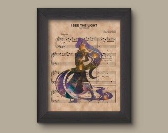 Tangled, Rapunzel Flynn Lantern Silhouette over I See The Light Sheet Music Art Print Wedding, Anniversary Gift, Disney Princess, Lantern.