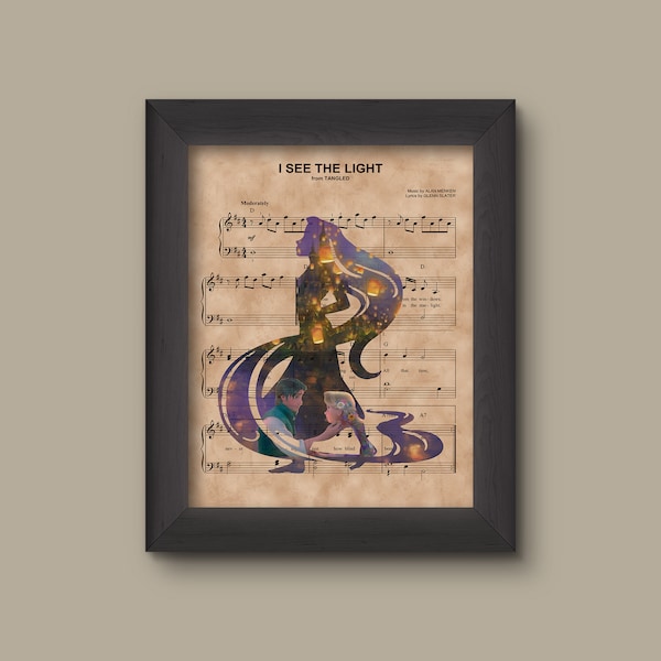 Tangled, Rapunzel Flynn Lantern Silhouette over I See The Light Sheet Music Art Print Wedding, Anniversary Gift, Disney Princess, Lantern.