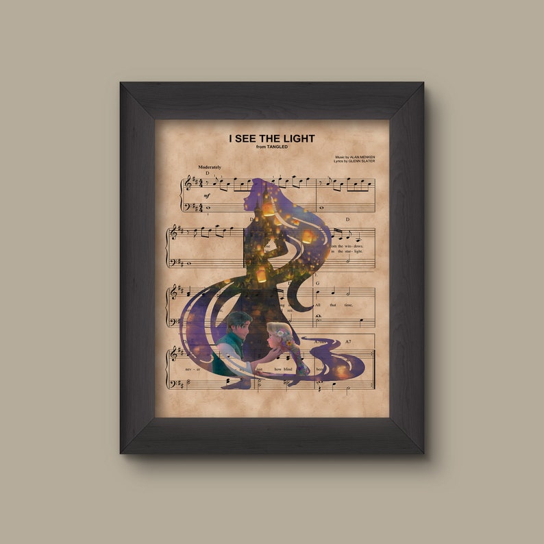 Tangled, Rapunzel Flynn Lantern Silhouette over I See The Light Sheet Music Art Print Wedding, Anniversary Gift, Disney Princess, Lantern. 