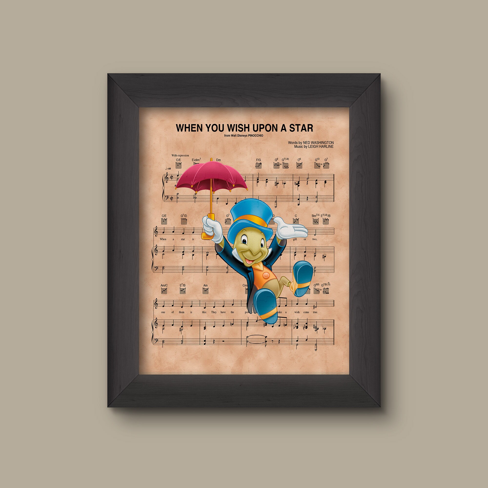 Jiminy Cricket Umbrella When You Wish Upon A Star Sheet Music Art