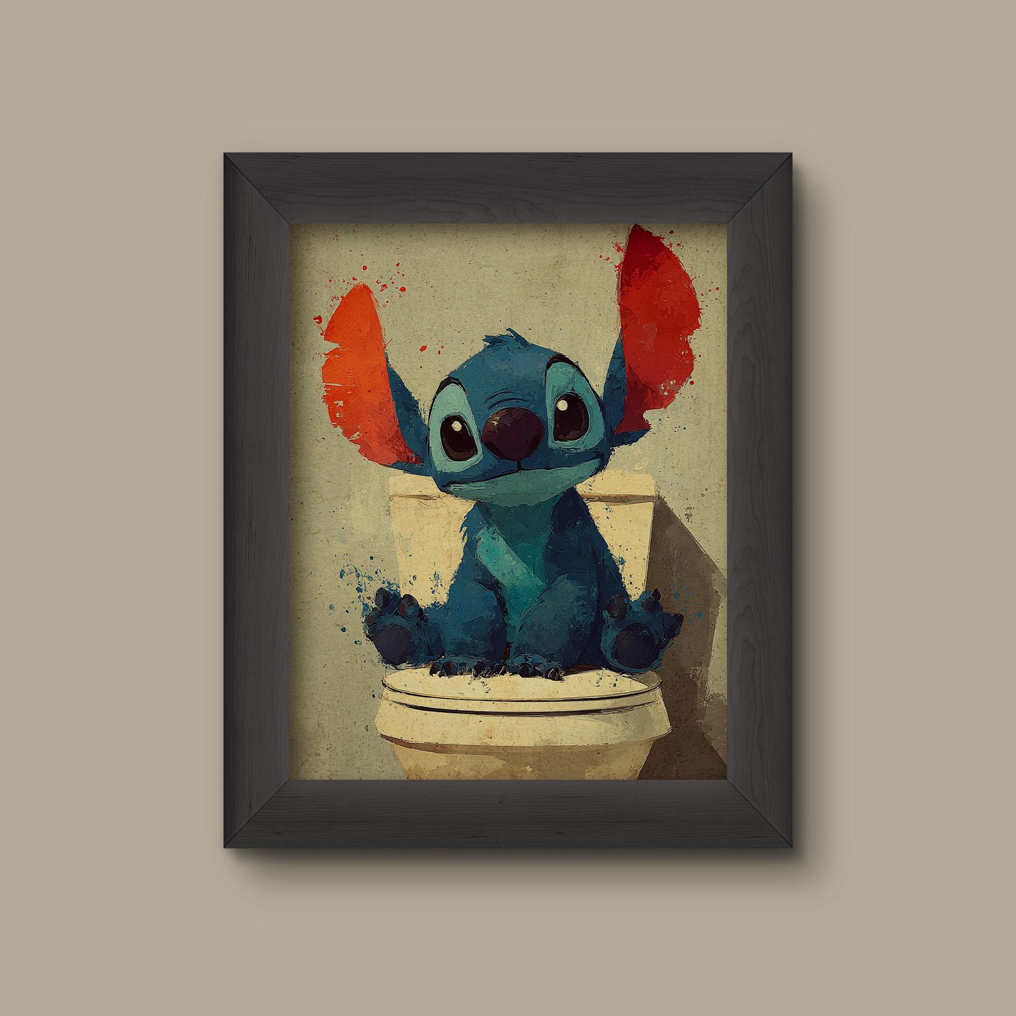 Disney Stitch Bathroom Wall Art – Funny Watercolor Inspired Print - Bathroom Decor Poster