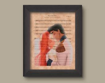 Disney Little Mermaid, Ariel and Eric Sheet Music Art Print, Little Mermaid Gift, Little Mermaid Art, Kiss The Girl Sheet Music Art Print