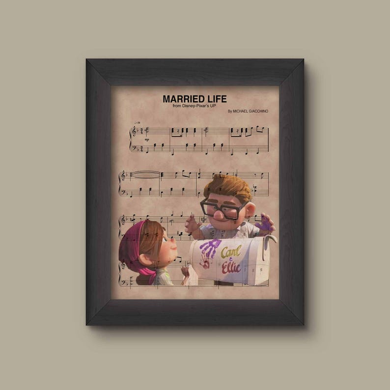 May include: A framed print of sheet music for the song "Married Life" from the Disney Pixar movie "Up". The sheet music features a cartoon image of Carl and Ellie from the movie.