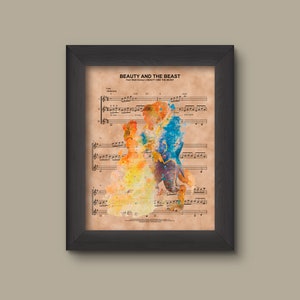 Beauty and the Beast Watercolor, Disney Wedding Gift, Disney Anniversary Gift For Her, Belle And Beast Poster, Wall Decor, Sheet Music Print