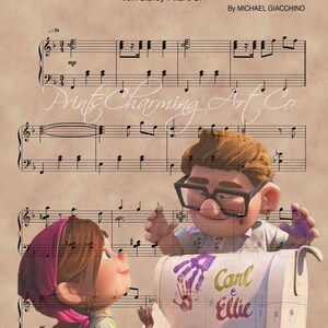 May include: A sheet music print of the song "Married Life" from the Disney Pixar movie Up. The music is for piano and features a cartoon image of the main characters Carl and Ellie. The sheet music is printed on a light brown background with the text "Prints Charming Art Co" in a decorative font.