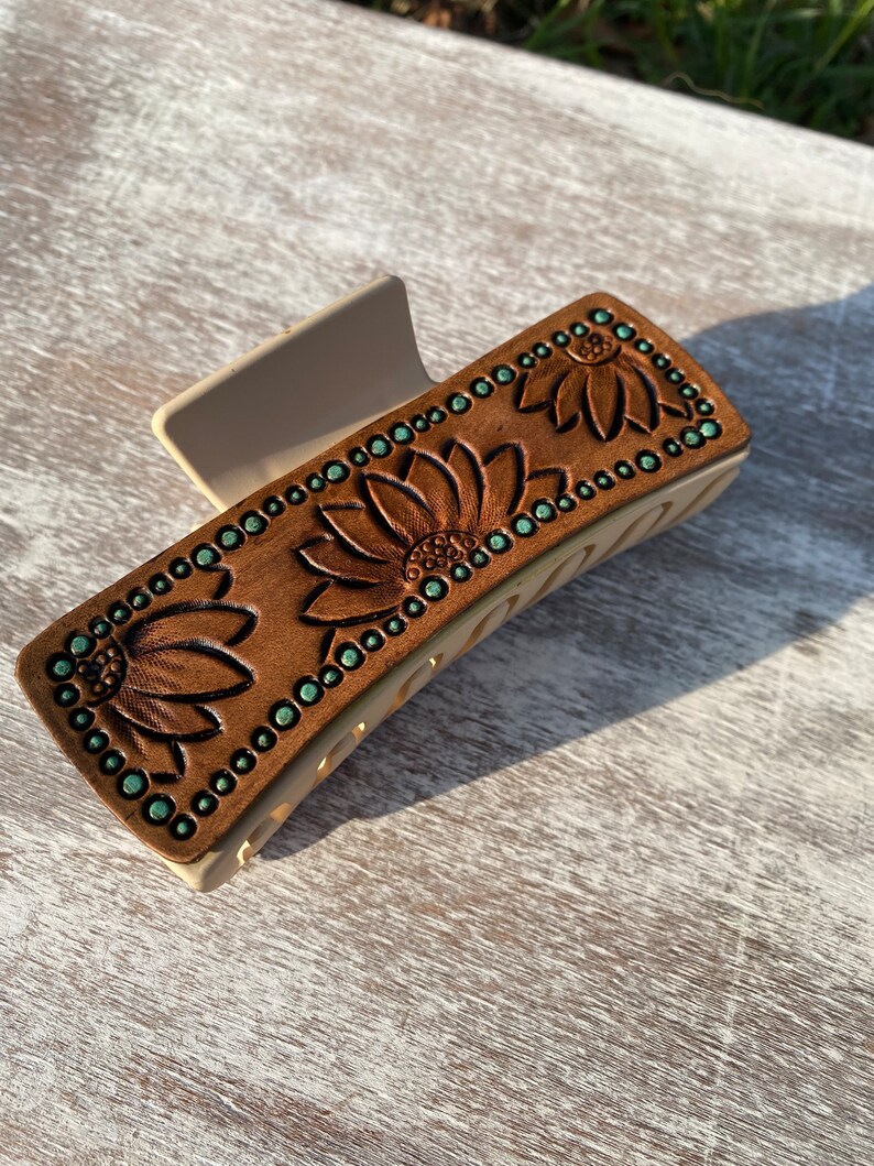 Tooled Leather Claw Clips Hair Clip Stamped Leather Etsy