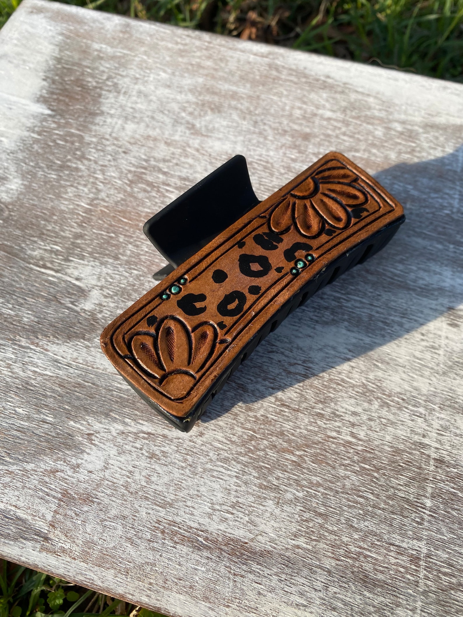 Tooled Leather Claw Clips Hair Clip Stamped Leather Etsy