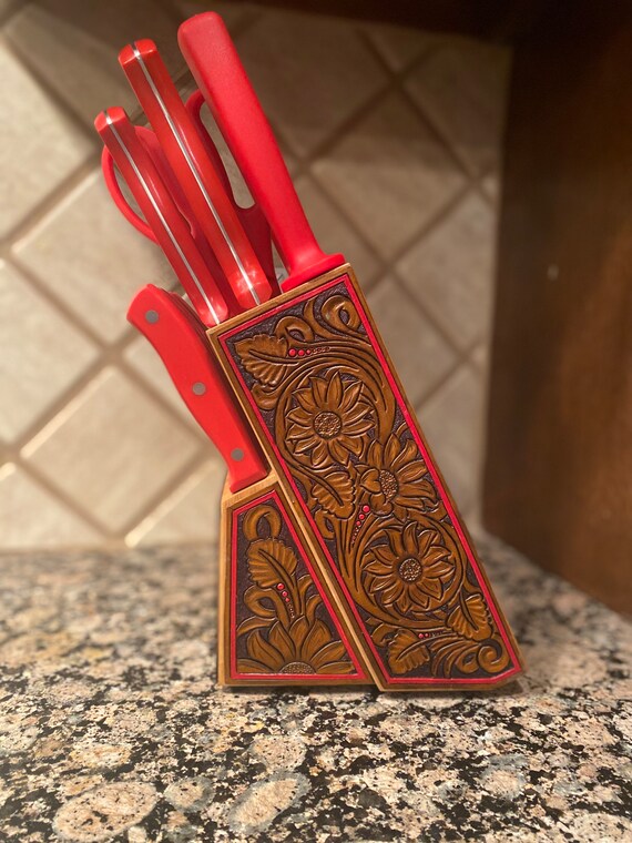 Tooled Leather Knife Block Kitchen Knife Set Etsy