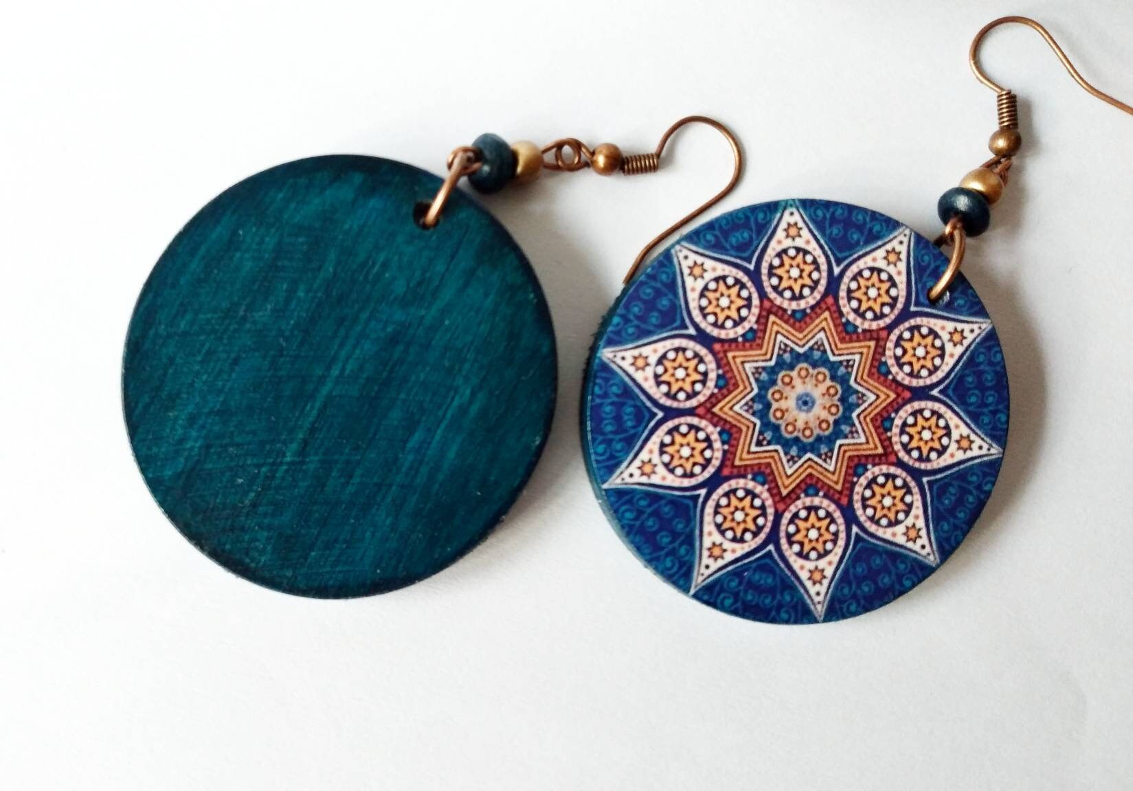 Blue Mandala Earrings Flowers Earrings Wooden Earrings Boho Earring