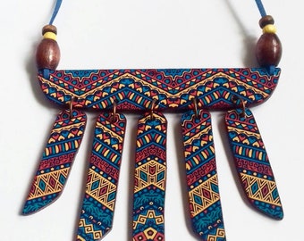 Africa Wooden jewellery Handmade wooden necklace Aztec statement necklace Decoupage necklace Aztec unique jewelry Unique fashion design