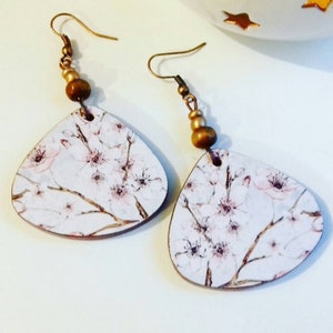 Cherry Blossom Earrings Natural Wood earrings Romantic earrings Decoupage jewelry Cherry three Handmade jewelry Dangle earrings Oval earring