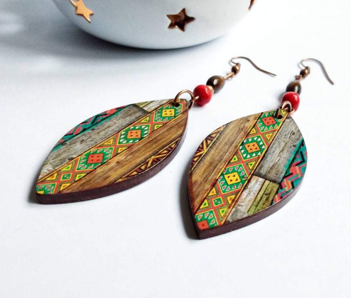 Ethnic Leaf Earrings Natural Wood Decoupage Earrings Colorful Wood
