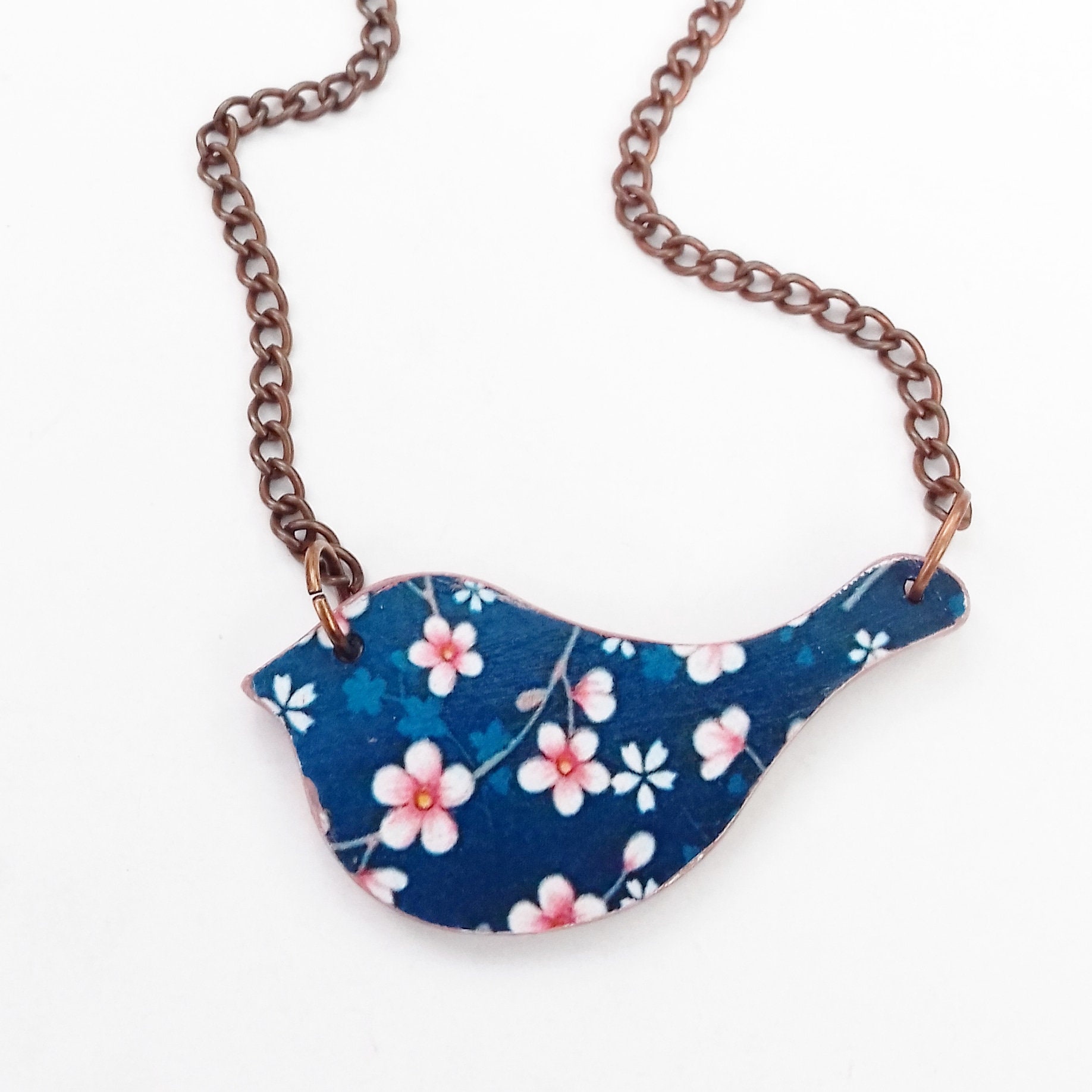 Cute Bird Necklace Decoupage Necklace Bird Pendant Flowers Etsy