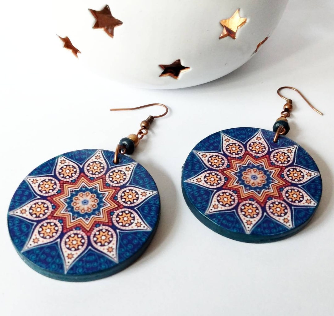 Blue Mandala Earrings Flowers Earrings Wooden Earrings Boho Earring