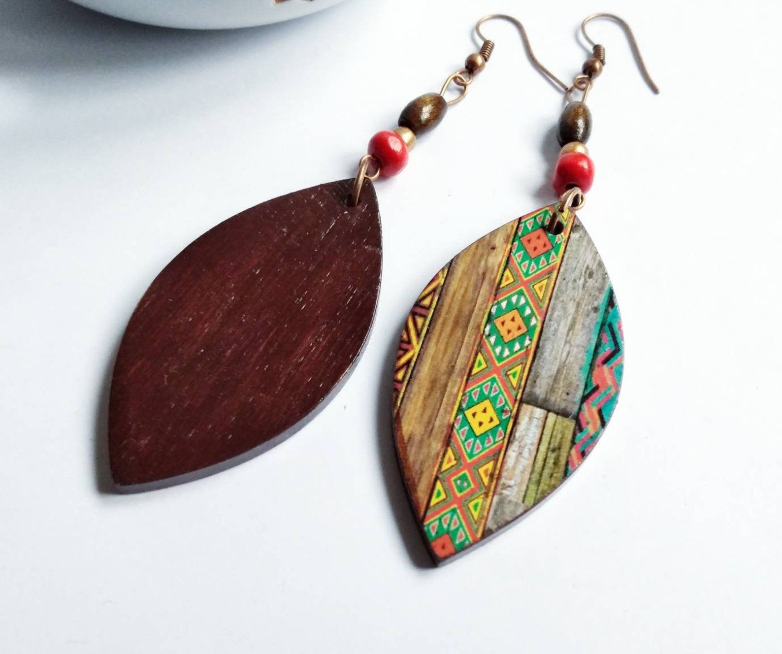 Ethnic Leaf Earrings Natural Wood Decoupage Earrings Colorful Wood