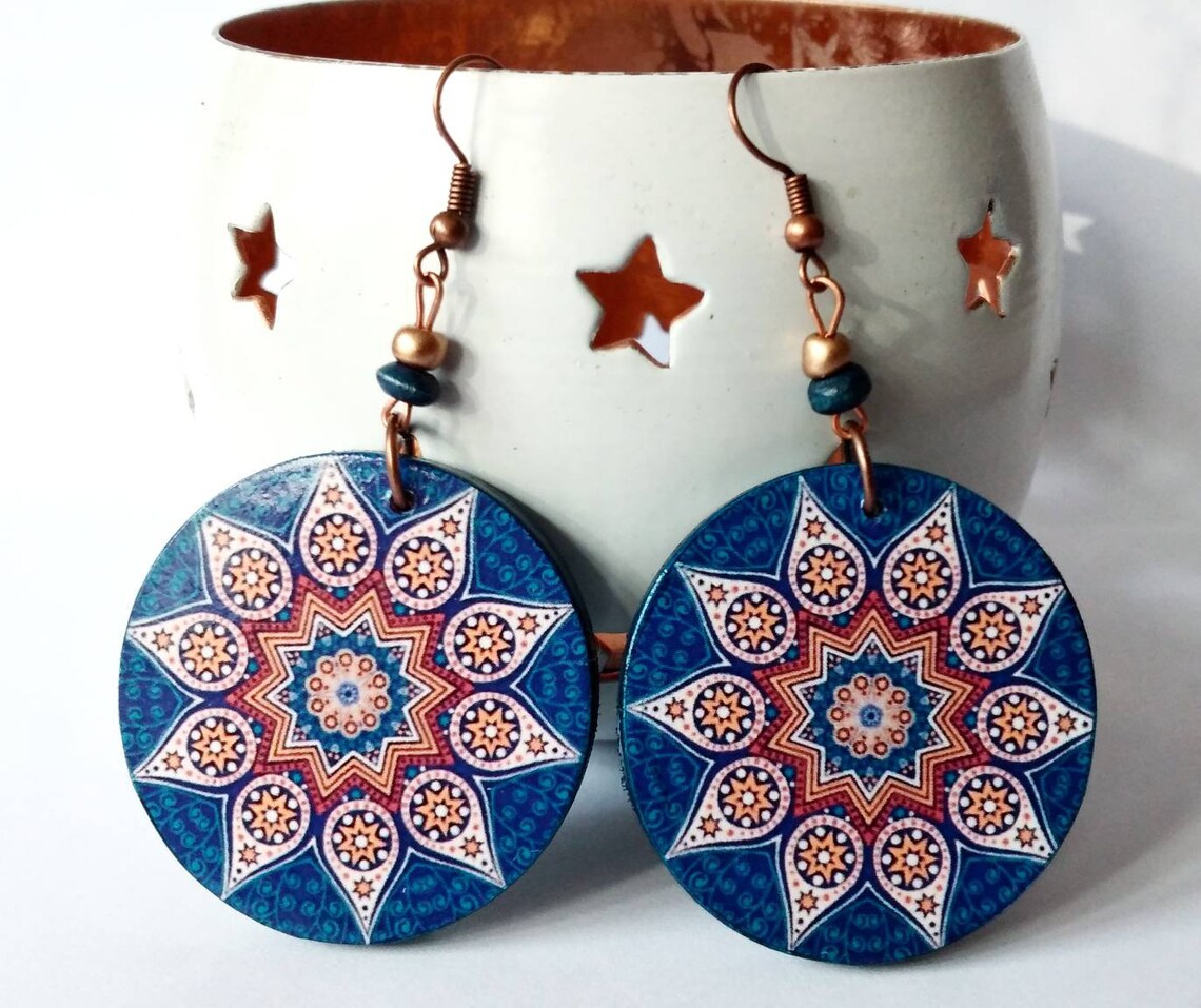 Blue Mandala Earrings Flowers Earrings Wooden Earrings Boho Earring