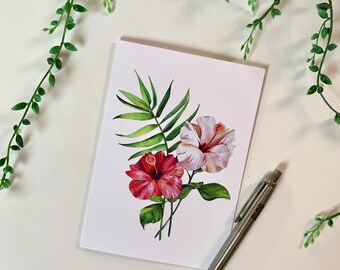 Carte de voeux fleur d'hibiscus - Art botanique illustré de fleurs sauvages - Carte de correspondance aquarelle - A6 - Vierge à l'intérieur - Enveloppe incluse