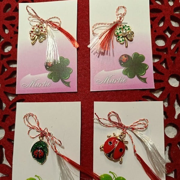 Martisor Martenitsa Romanian tradition spring symbol/hand made/ Clover Lucky charm/ Lady Bug /Set of 4