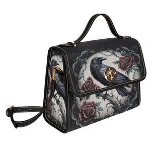 Crow Raven Lock Bag | Gothic Crossbody Handbag, Black Shoulder Strap & Edging, Gothcore, Dark Academia