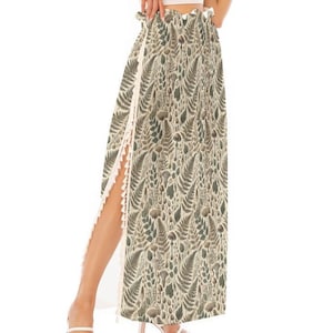 Mushroom Fern Maxi Skirt: Boho High Waist Side Split with Fringe