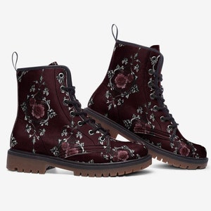 Gothic Maroon Rose Casual PU Leather Lightweight Gothic Victorian Combat boots