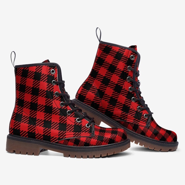 Red Buffalo Plaid Women'S Boots | Classic Boot | Combat Boots | Winter Casual Custom Gift | Black White Buffalo Plaid Women'S Boots