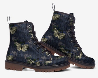 Harlequin Blue Rose Butterfly Casual PU Leather Lightweight Combat boots