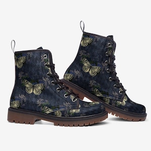 Harlequin Blue Rose Butterfly Casual PU Leather Lightweight Combat boots