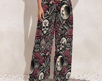 Gothic Skull Raven Wide Leg Pants: Dark Gothcore Trousers