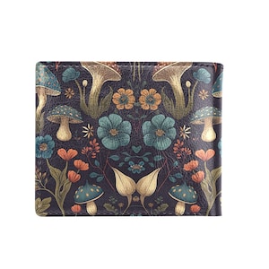 Portefeuille à deux volets Woodland Mushroom - Porte-cartes en cuir PU avec poche pour pièce | Portefeuille à imprimé forêt botanique pour les amoureux de la nature