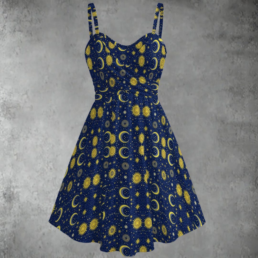 Celestial Sun Moon Star Dress - Navy Blue Gold Print, Sweetheart A-Line Celestial Sun Moon Star Dress - Navy Blue Gold Print, Sweetheart A-Line