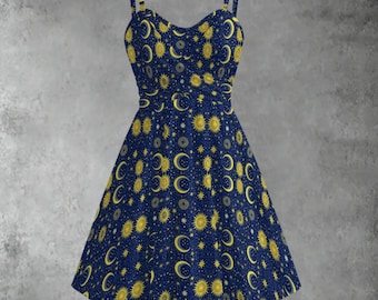 Celestial Sun Moon Star Dress - Navy Blue Gold Print, Sweetheart A-Line Celestial Sun Moon Star Dress - Navy Blue Gold Print, Sweetheart A-Line