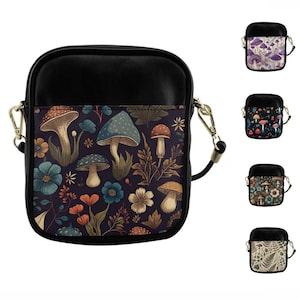 Pilz Sling Bag Kollektion - Cottagecore Schultertasche, Pilze Crossbody Geldbörse, kleine PU-Ledertasche mit Riemen
