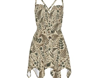 Vestido lencero de mujer con estampado de helechos y setas, estilo bruja, campestre y de hadas.