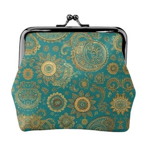 Paisley Sun Leather Kiss Lock Coin Purse for Women | Small Retro Wallet for Coins, Cards, Keys | Boho Sun Pattern Clasp Change Purse
