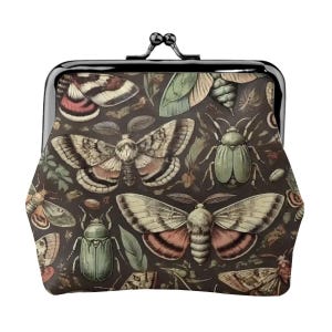 Monedero con cierre de beso de polillas e insectos, monedero vintage de piel sintética con estampado de insectos, monedero pequeño para mujer, regalo estilo cottagecore