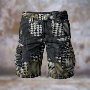 May include: Cargo shorts with a patchwork design featuring black, white, and tan houndstooth patterns. The shorts have a button closure, belt loops, and side pockets. The shorts are made of a durable fabric.