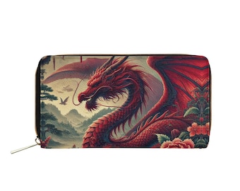 Red Dragon Wallet - Fantasy Landscape Zip-Around PU Leather Clutch